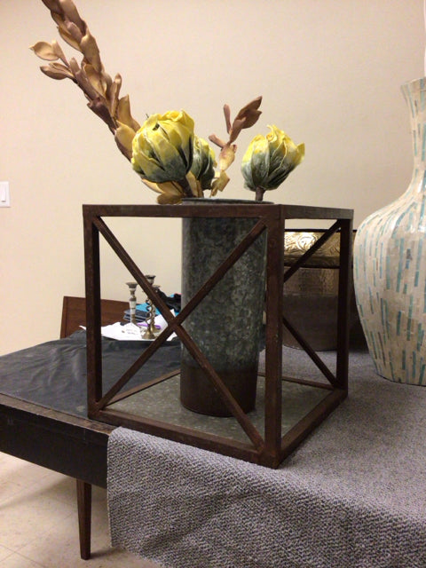 AS-IS Brown & Silver Metal Planter W/Faux Floral Arrangement
