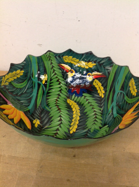 Bowl- 15" Signed Painted Parrot