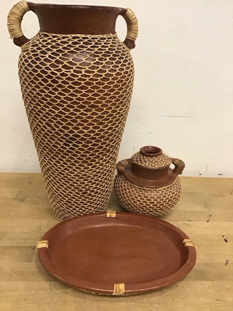 Set Of 3 Pottery W/Rattan Mesh Made In Isreal