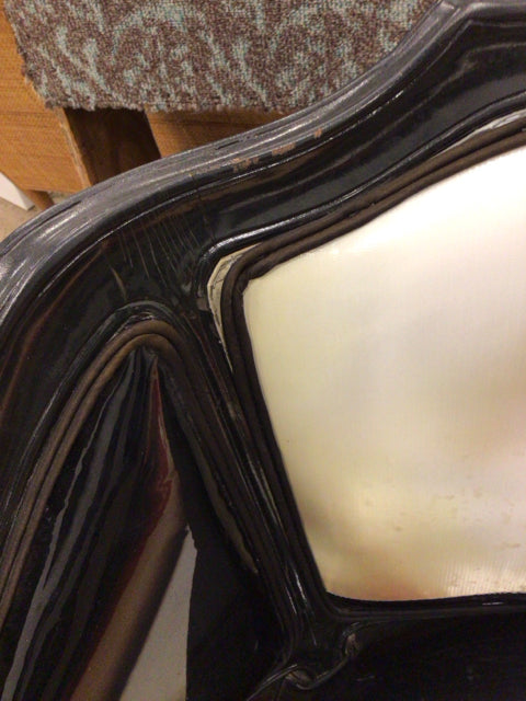 AS-IS Black Lacqured Vinyl Framed Face Print Settee(Damage To Back/Trim Loose)