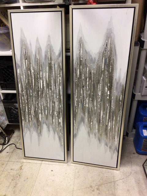 15 5/8" X 47 1/8" Pair Of Silver/White Drizzle Framed Prints On Canvas