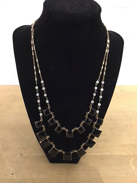 Double Strand Goldtone Black Stone & White Bead Necklace