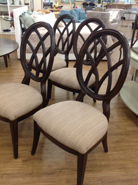 Set Of 4 Dark Wood & Fabric Dining Chairs