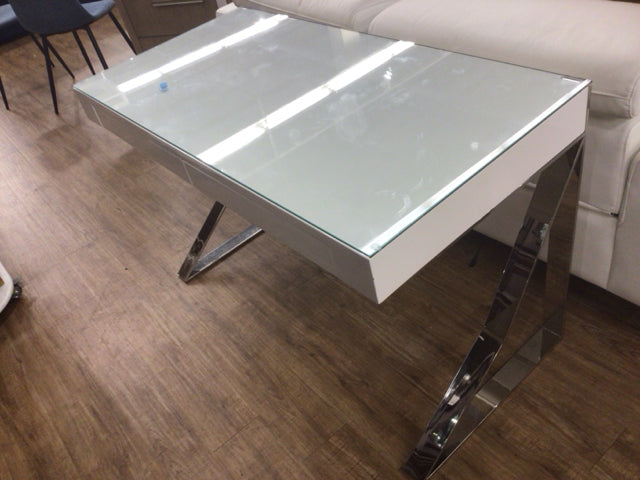 AS-IS White Lacqured Two Drawer Glass Top Desk W/Chrome Base(Chips)