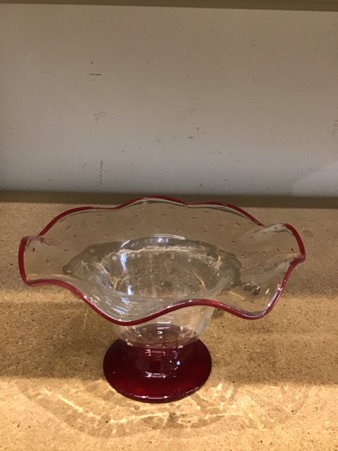 9" Footed Red & Clear Art Glass Bowl