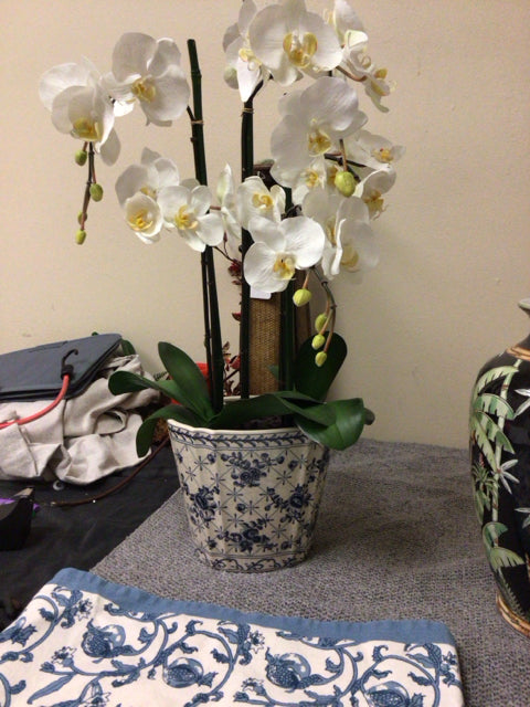 Faux Orchid & Bamboo In Cermaic Blue & White Planter