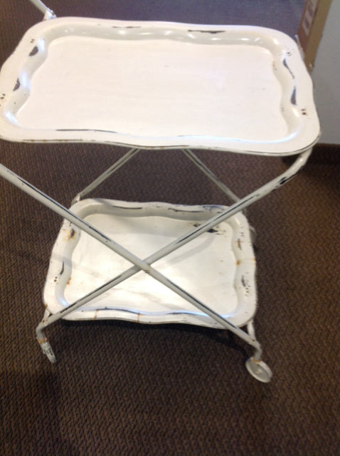 White Distress Metal 2 Tier Tray Cart