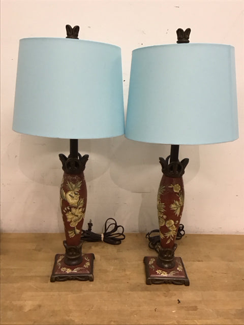 30" Pair Of Red Floral Painted Lamps