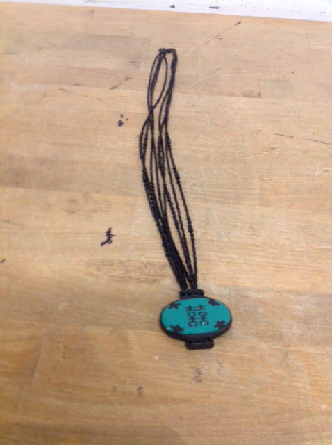 Necklace- Black Beaded Asian Pendent