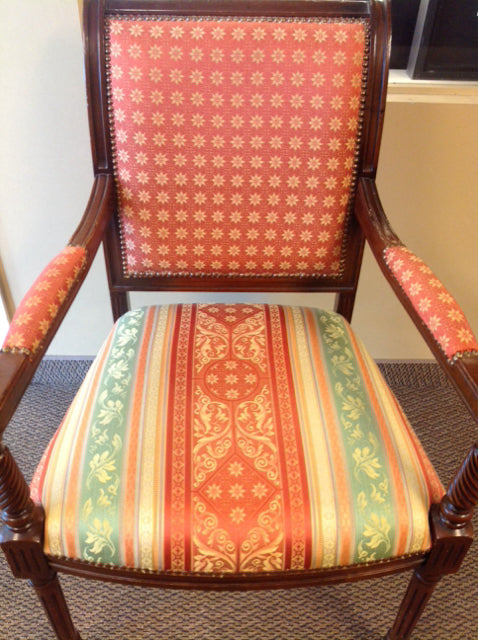 Chair- Ornate Wood Rust & Gold Fabric