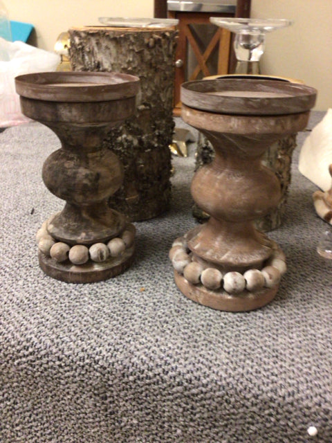 Pair Of Wood Beaded Accent Candle Holders