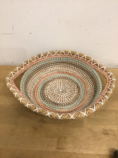 17" Sweetgrass Woven W/cream, Aqua, Pink & GrayBasket