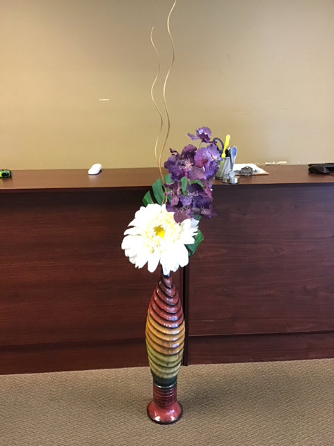 Faux Sunflowers & White Orchid In 29" Yellow Floral Metal Vase