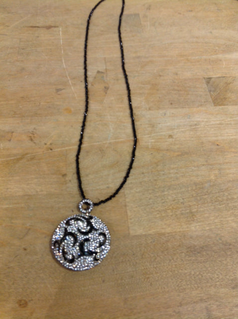 Necklace- Black Beaded Rhinestone Pendent