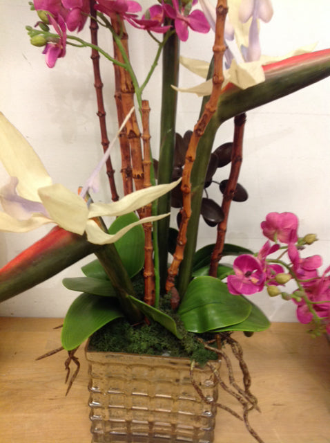 6" Glass Pot W Tropical Flowers