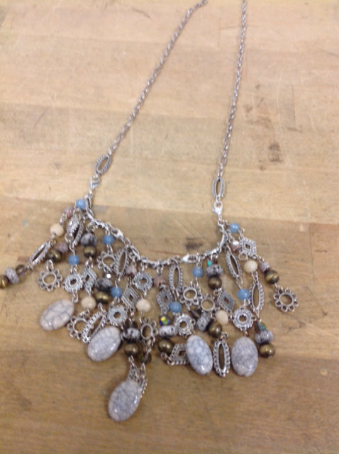 Necklace- Silver Multi Beaded Stones