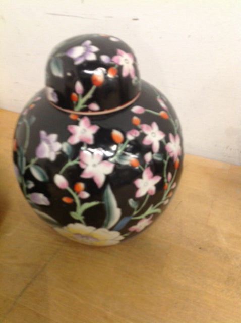 8" Black Floral Ceramic Ginger Jar
