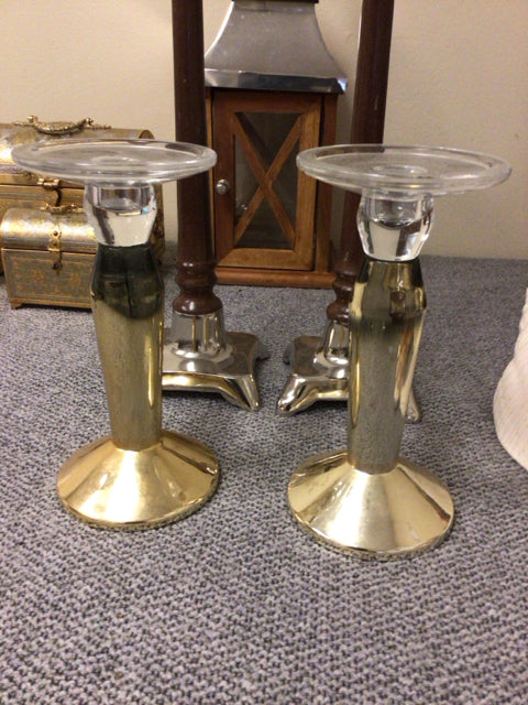 Pair Of Gold/Clear Candle Holders