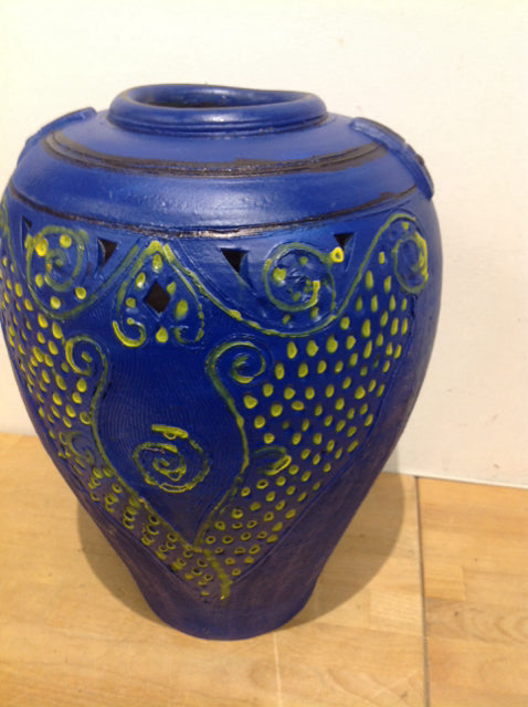 Vase- 16" Blue & Yellow Pottery