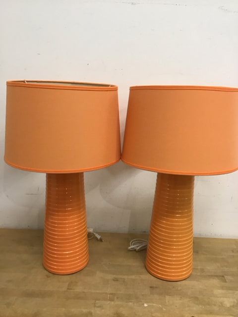 26" Pair Of Retro Orange Ribbed Table Lamp