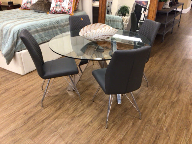 AS-IS Modani Adam’s Round Glass Top Dining Table W/4 Chairs
