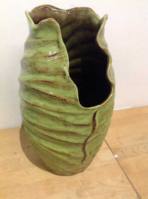 Vase- 14" Green & Brown Ceramic