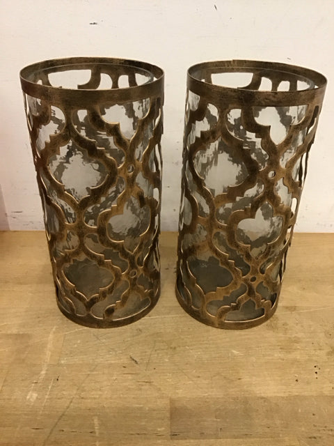Pair Of Metal Morrocan Style Glass Hurricane Candle Holder