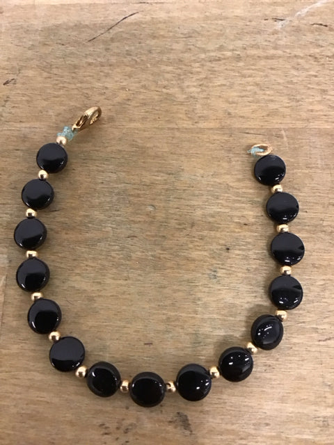 Vintage Black Onyx & Goldtone Beaded Bracelet