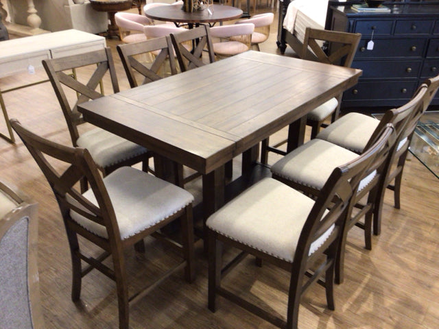 AS-IS Ashley Furniture Wood High Top Dining Table W/8 Chairs/1 Leaf (Soiled)