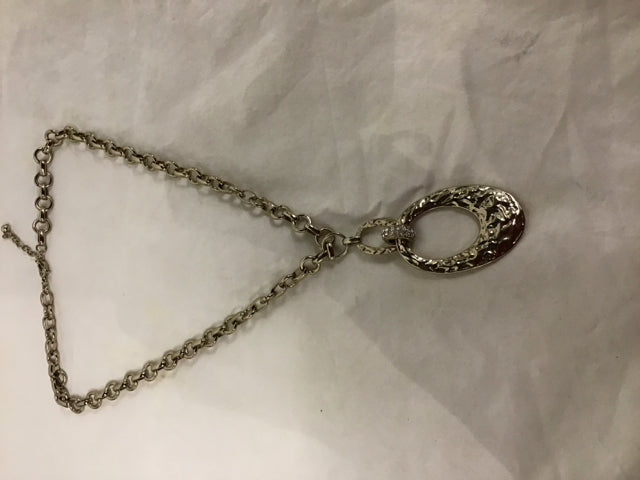 Goldtone Link Necklace Double Hoop Pendant W/Rhinestones