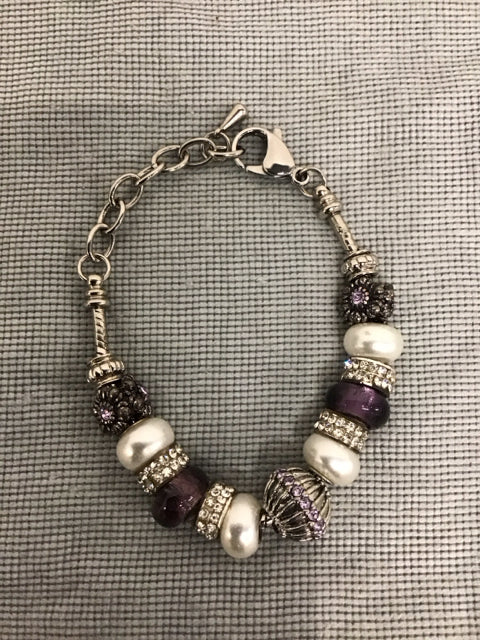 Purple Stone Pearl Silvertone Bracelet