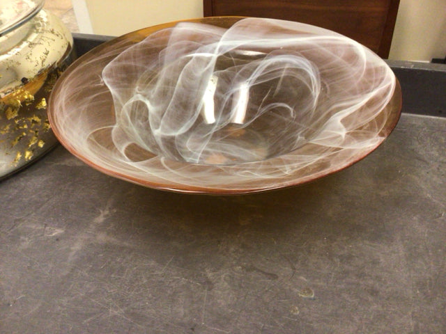 14 1/4" Orange/White Round Glass Bowl