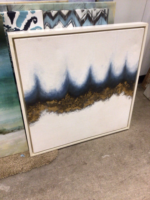 32 1/4" Square AS-IS White Framed Blue/Gold/White Abstract Oil Painting