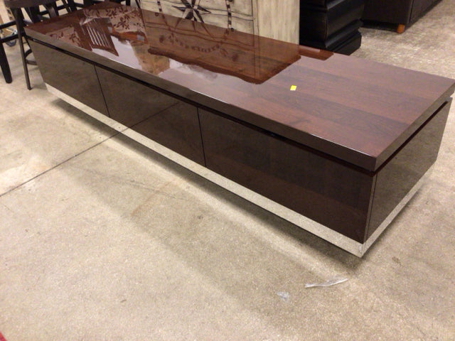 AS-IS Brown Lacqured & Chrome Three Drawer Media Console(Slight Mark On Surface