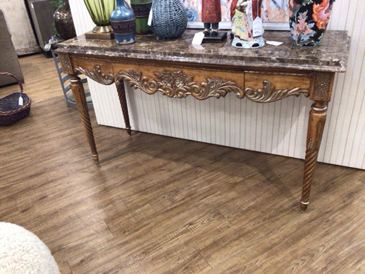 Marble Top One Drawer Wood Carved Console Table