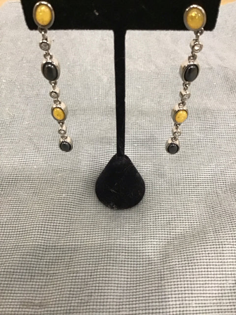 Yellow Jade Like Stone Silvertone Dangle Earrings