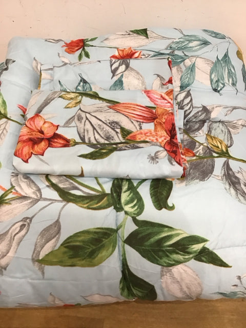 Queen Light Blue Floral Comforter W/Shams Bedding