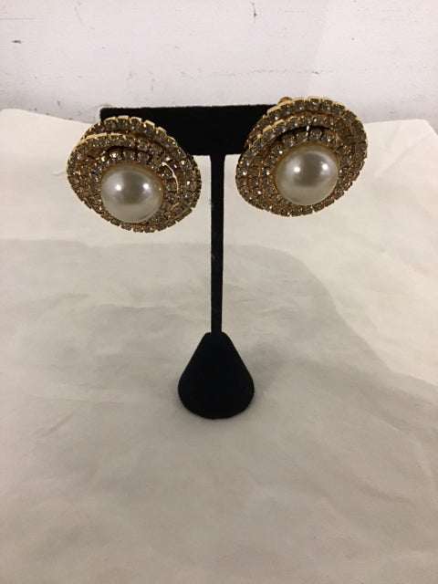 Gold Rhinestone & Pearl Clip Earrings