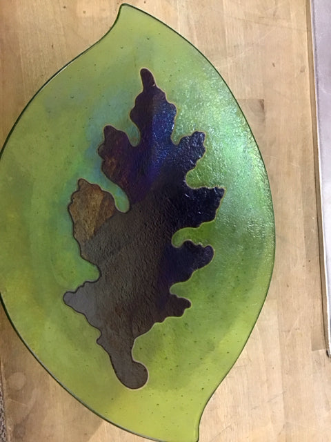 14" Green Glass Leaf Tray Signed