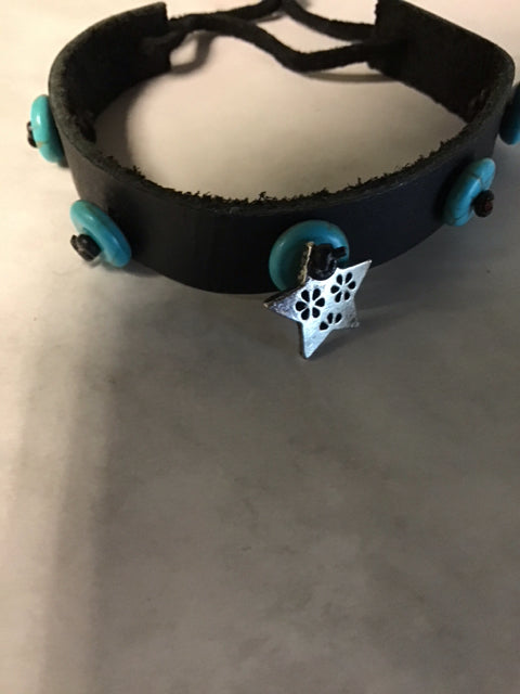 Brown Leather W/Tuquoise Beads & Silver Star Bracelet
