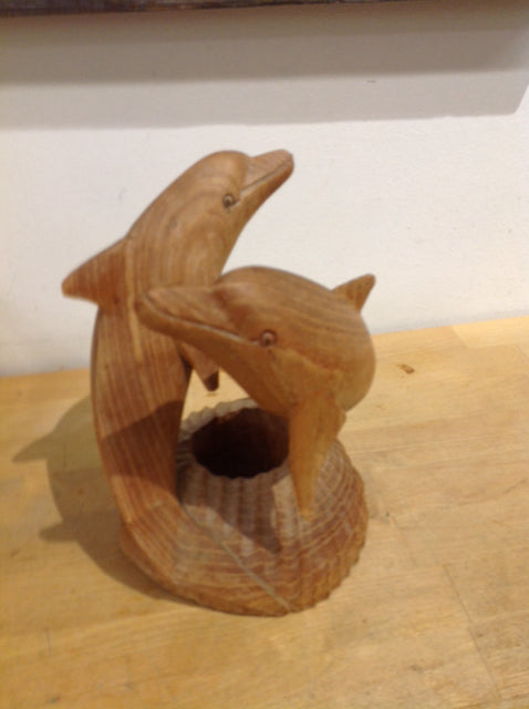 8" Wood Carved Dolphins Statue