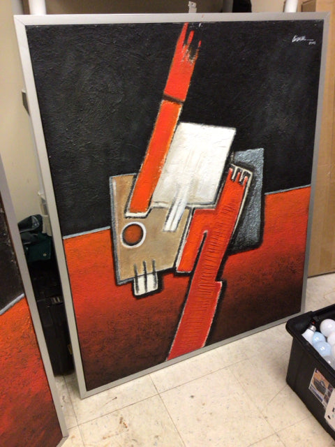 41 1/4" X 49 1/4" Grey Framed Red/Black Abstract On Canvas