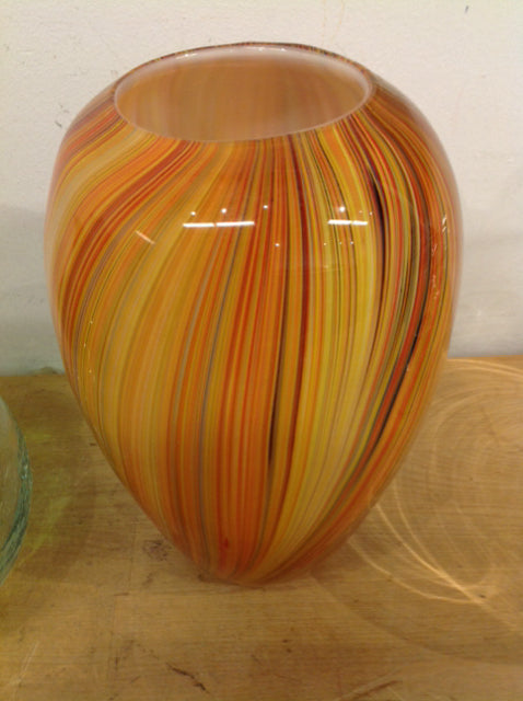 Vase- 9" Orange & Gold Swirl Glass