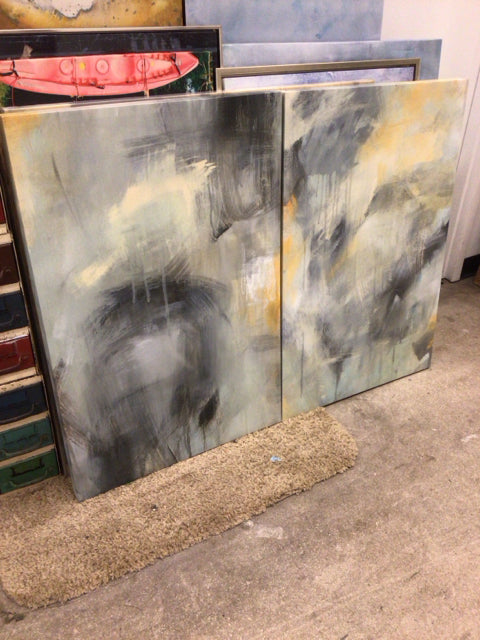 24 1/8" X 36" Pair Of Blue/Grey/Orange Abstract Prints On Canvas
