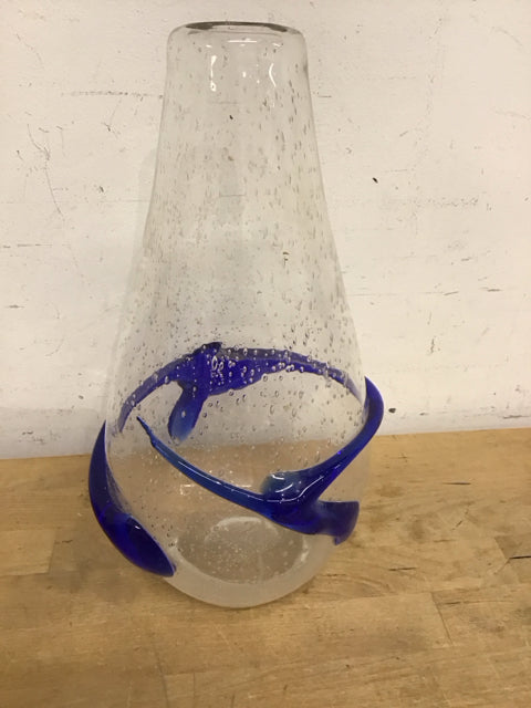 13" Clear W/External Blue Swirling Art Glass Vase