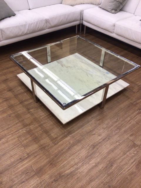 AS-IS Chrome/Marble/Glass Coffee Table(Marble Discolored)