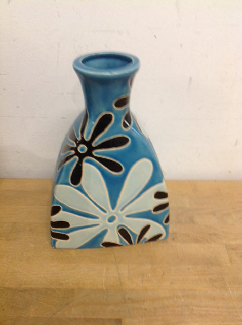 Vase- 10" Blue & Black Flower Ceramic