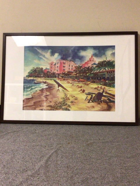 AS-IS 37 1/8" X 25 1/8" Brown Framed Beach Scene Print