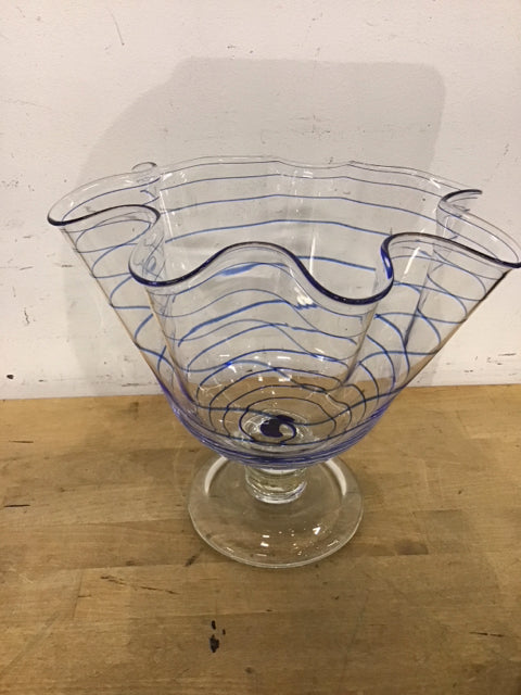 9" Glass Blue Striped Ribbon Vase