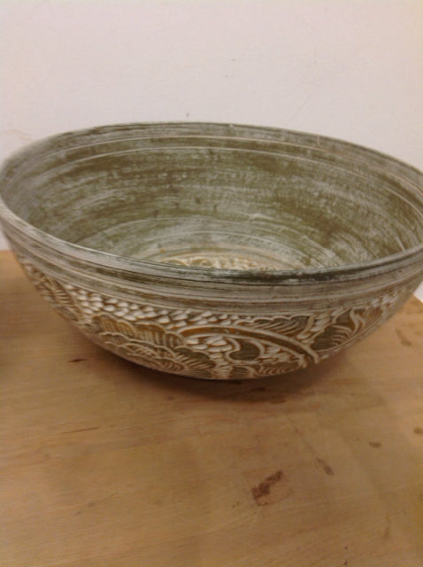 Bowl- 15" Green & Gold Floral Pottery